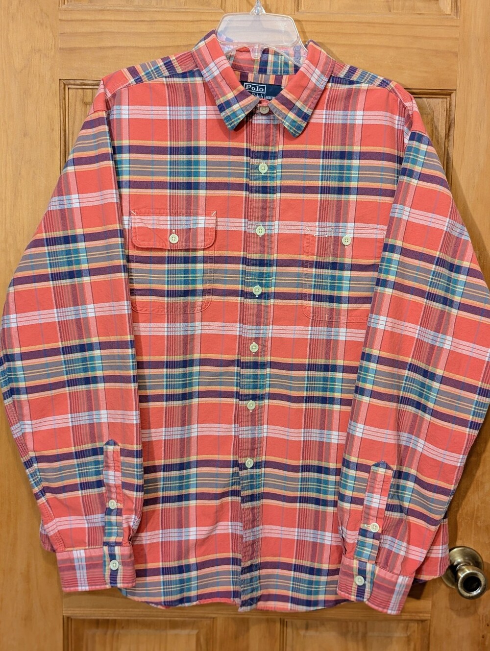 VTG Polo Ralph Lauren LS Shirt Madras Plaid 100% Cotton Tab Collar Mens XXL 2XL